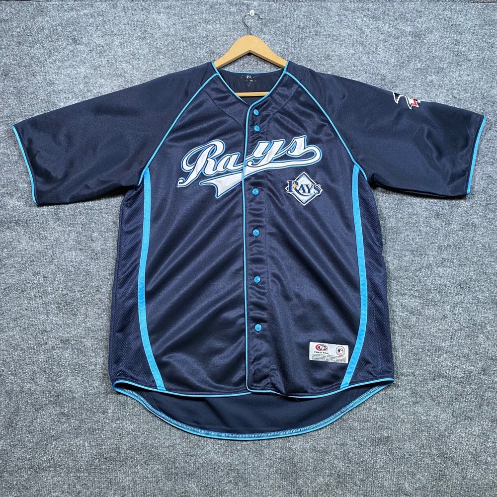 True Fan Tampa Bay Rays MLB Baseball‎ Jersey Mens Large Navy Blue Button Front